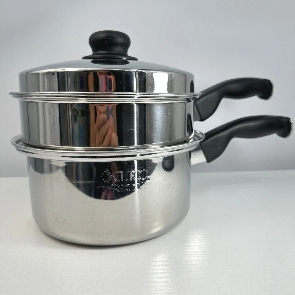 Cutco 5 Ply Aluminum Core Lidded Pot and Steamer Set Stainless Steel Made in USA